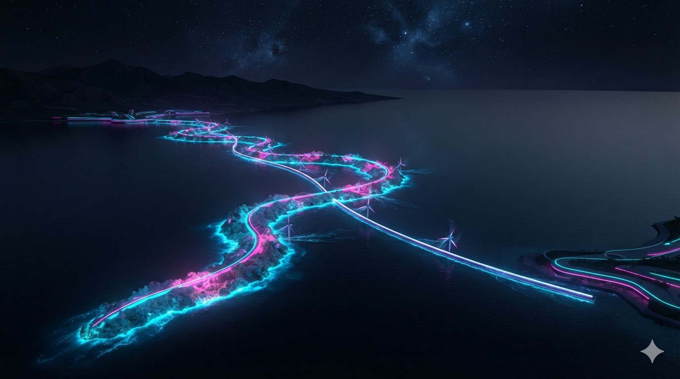 Causeway bei Nacht mit Gezeitenturbinen