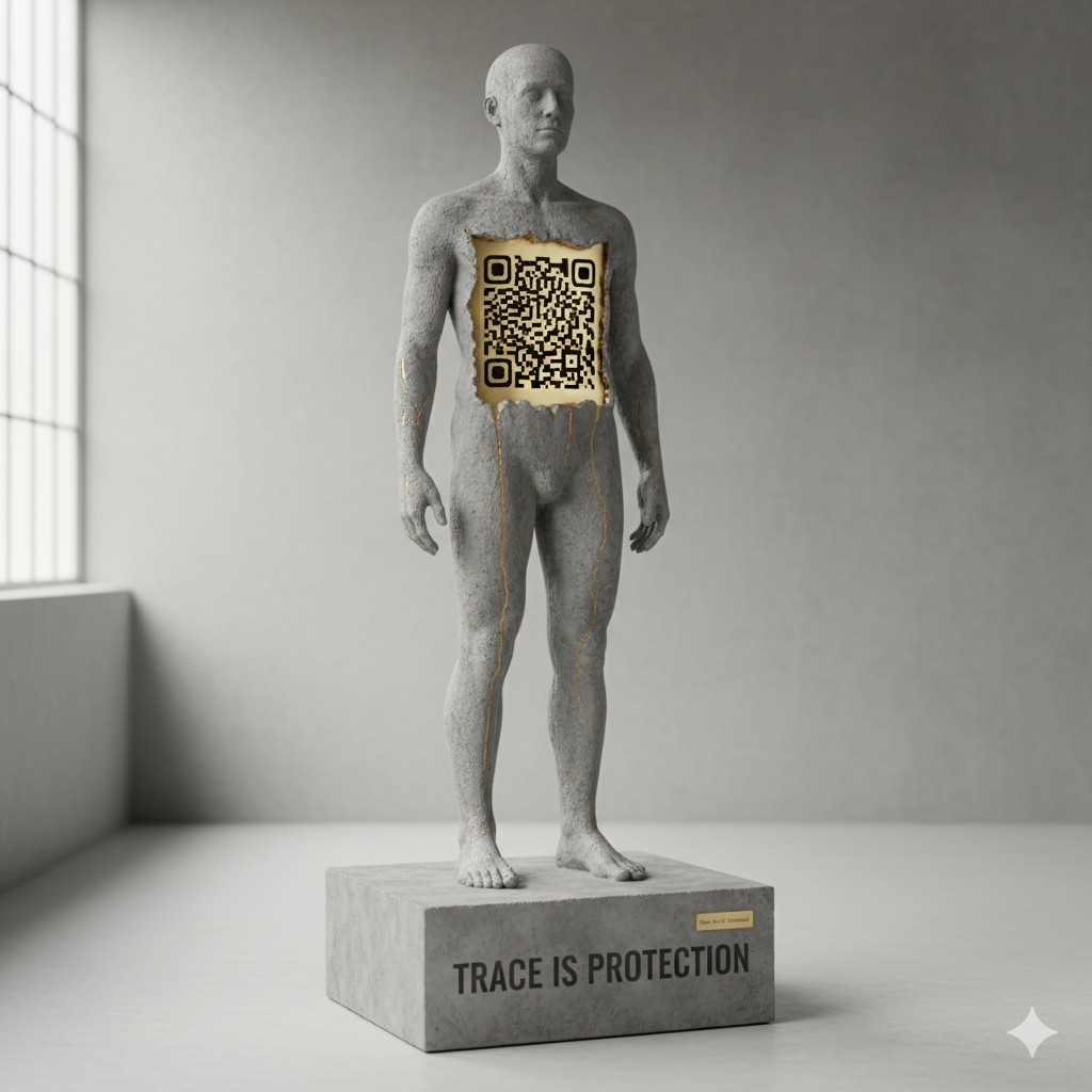 Nicht-Entbehrlichkeit — Betonfigur mit QR-Code-Öffnung im Körper